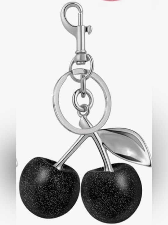 The Unbranded Brand Accessories - Silver Cherry Keychain with Black Glitter Cherries